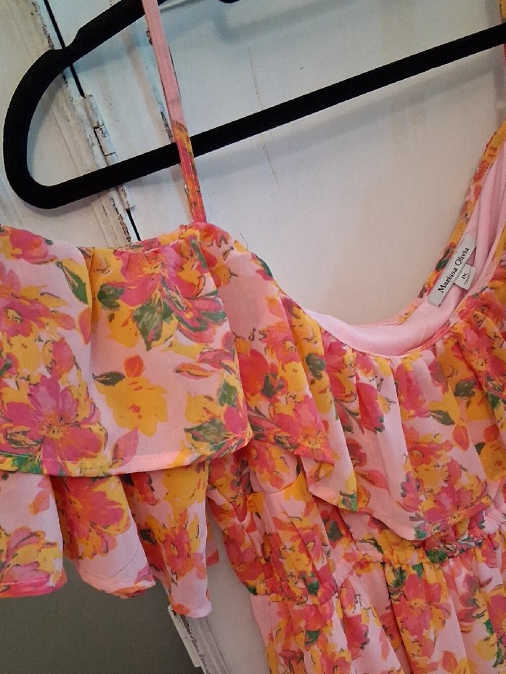 Pink Floral Ruffle Maxi Dress Off Shoulder - Picture 3 of 6